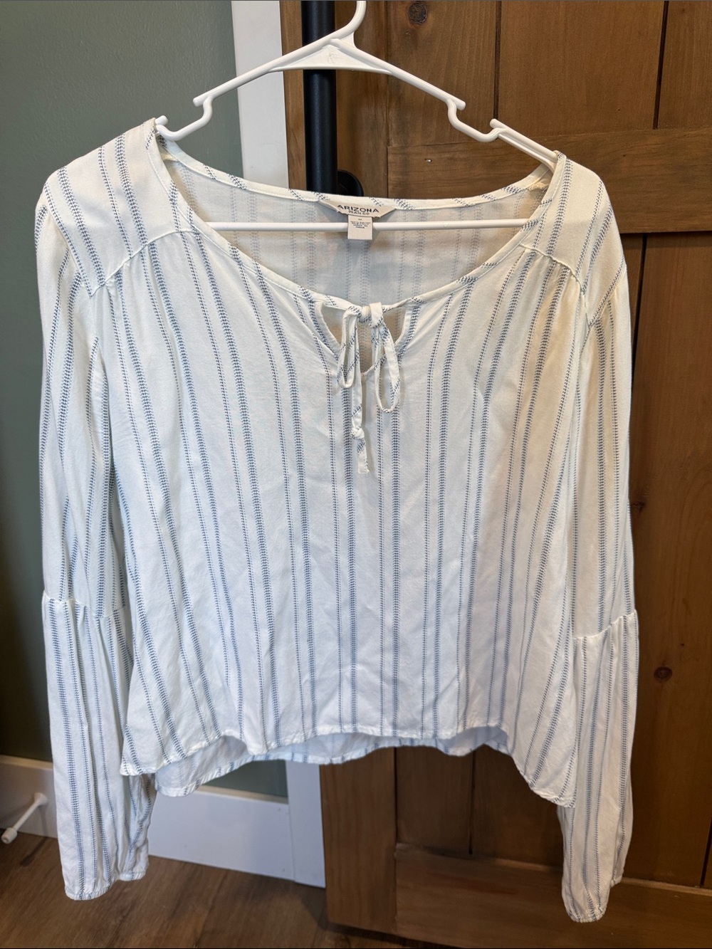 Arizona Jean Company Cream Top with Blue Pinstripes and Tie Neck